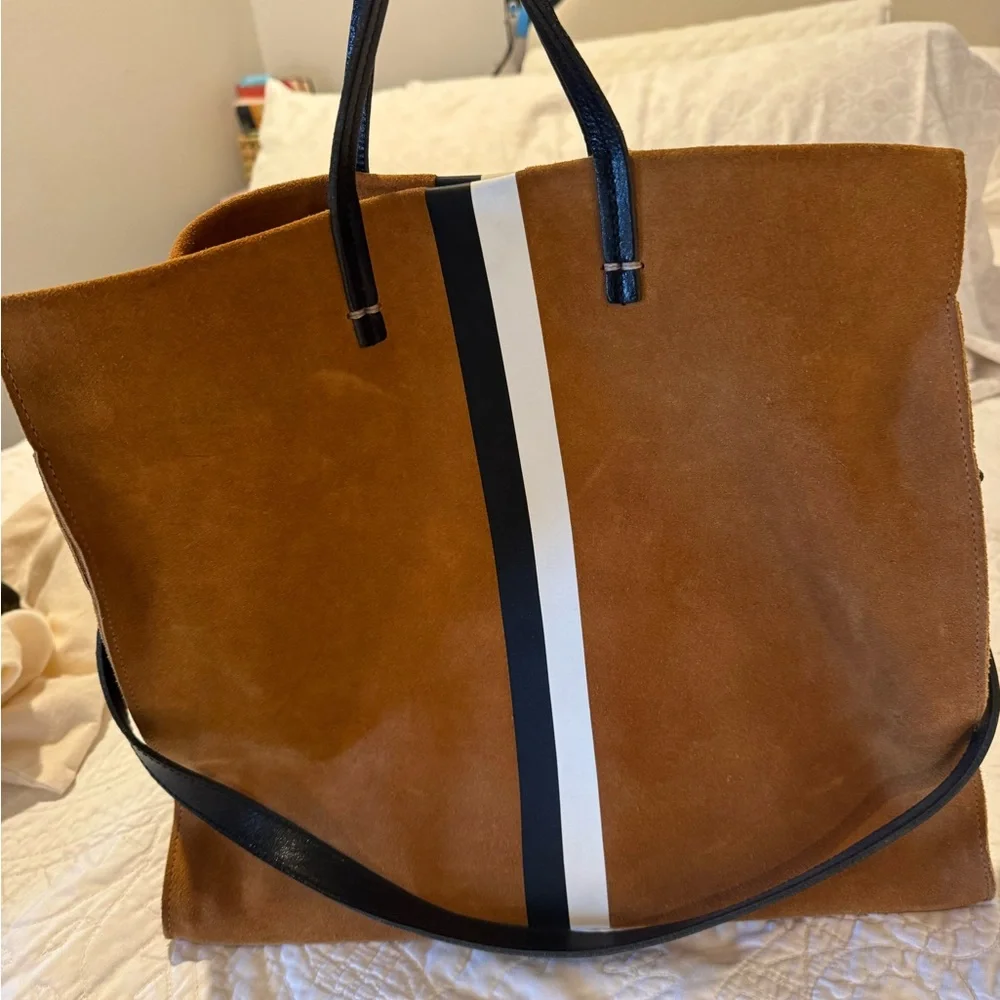 Elegant Tan Suede Satchel with Black and White Stripe - Picture 1 of 6